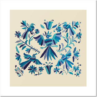 Blue otomi tenango mexican fabric birds and flower embroidery interior design Posters and Art